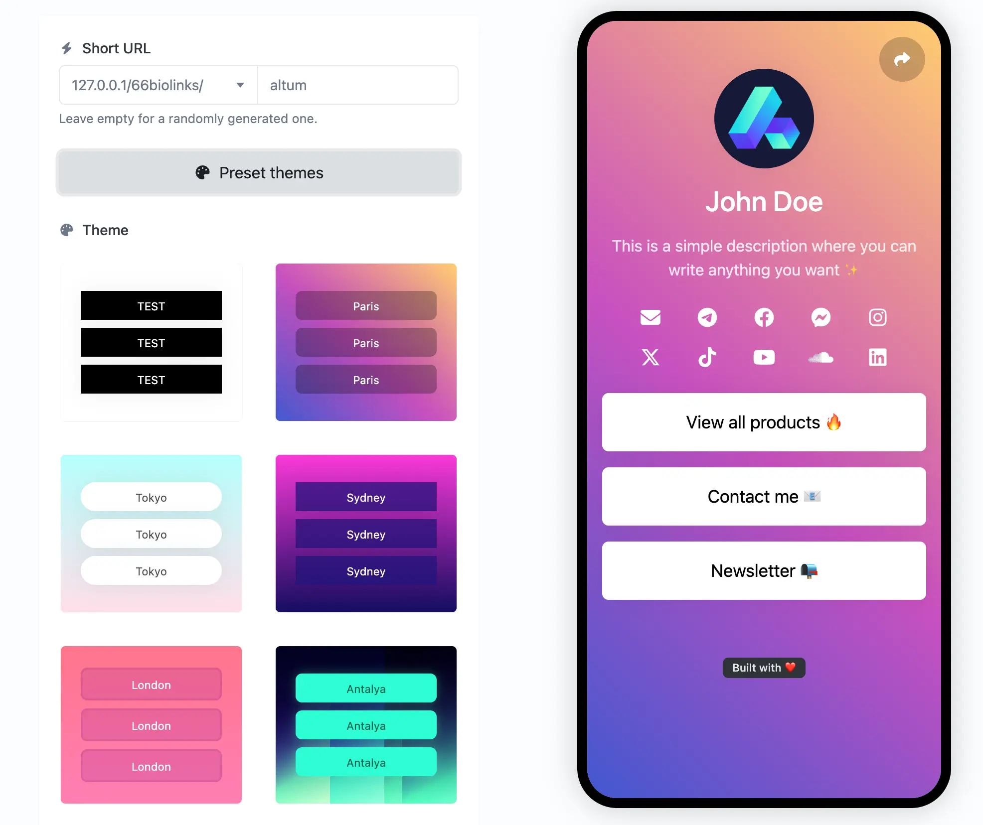 Uygulama biolink düzenleme sayfasının ekran görüntüsü